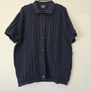 H&M Men's Large Open Knit Button Up Shirt Navy Resort Beach Holiday Vacation